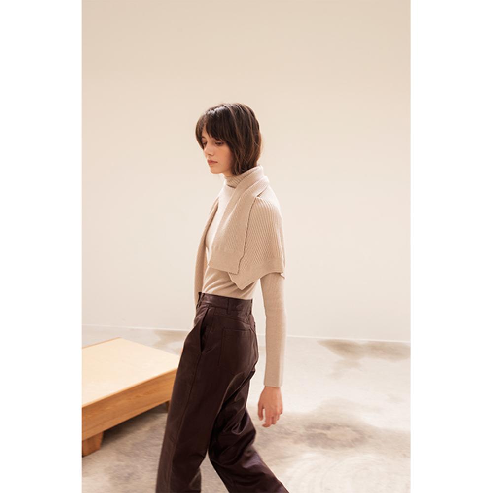 Premium pure cashmere100 soft ribbed turtleneck + scarf set-up - Beton beige